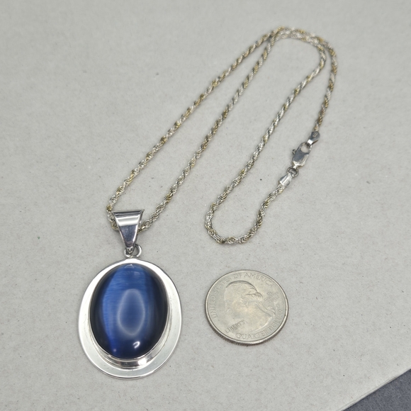 Mexico 925 Sterling Silver Royal Blue Cats Eye Cabachon Pendant Necklace - Picture 5 of 10